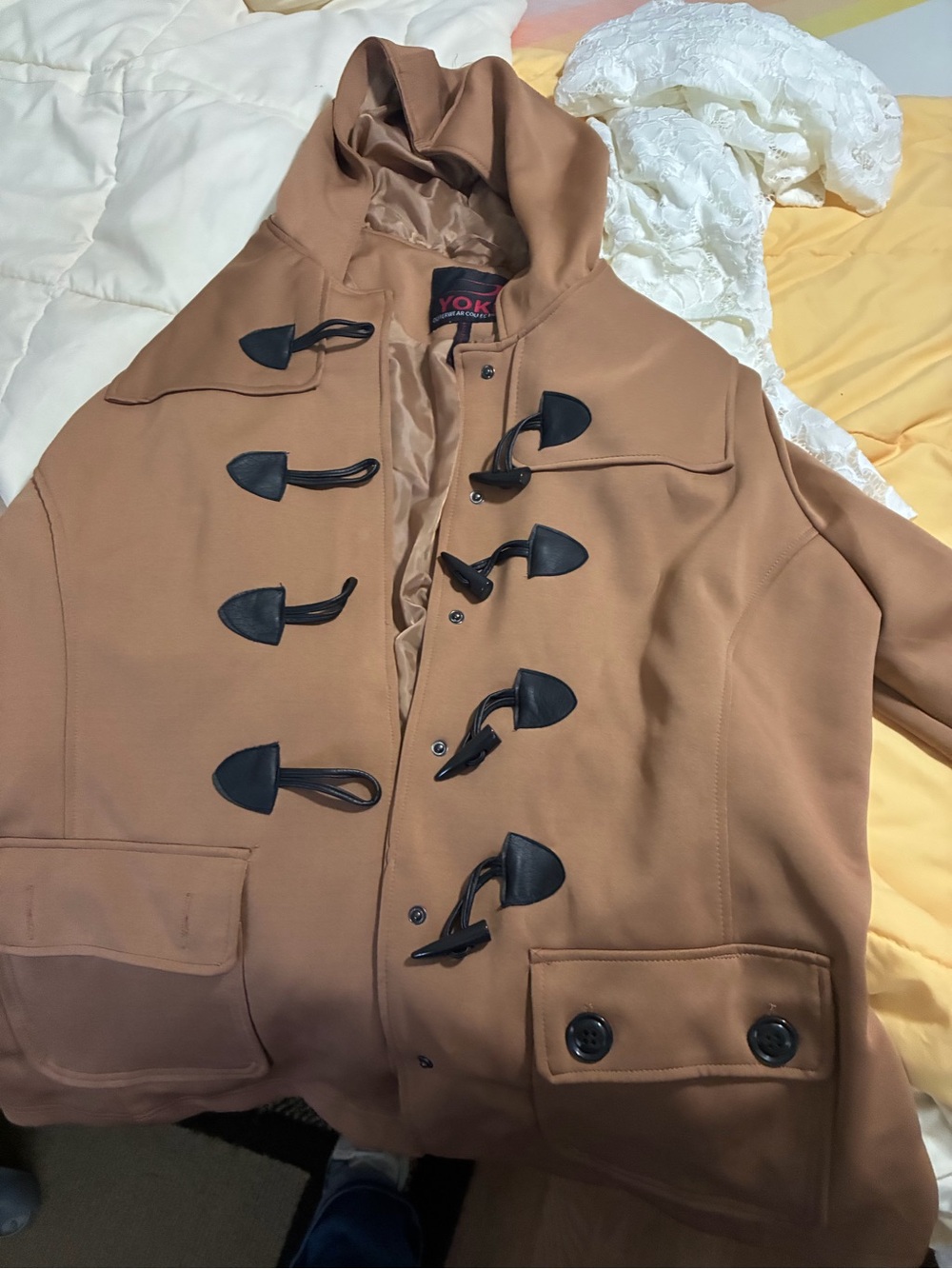 Yoki Camel Hooded Toggle Pea Coat with Black Trim